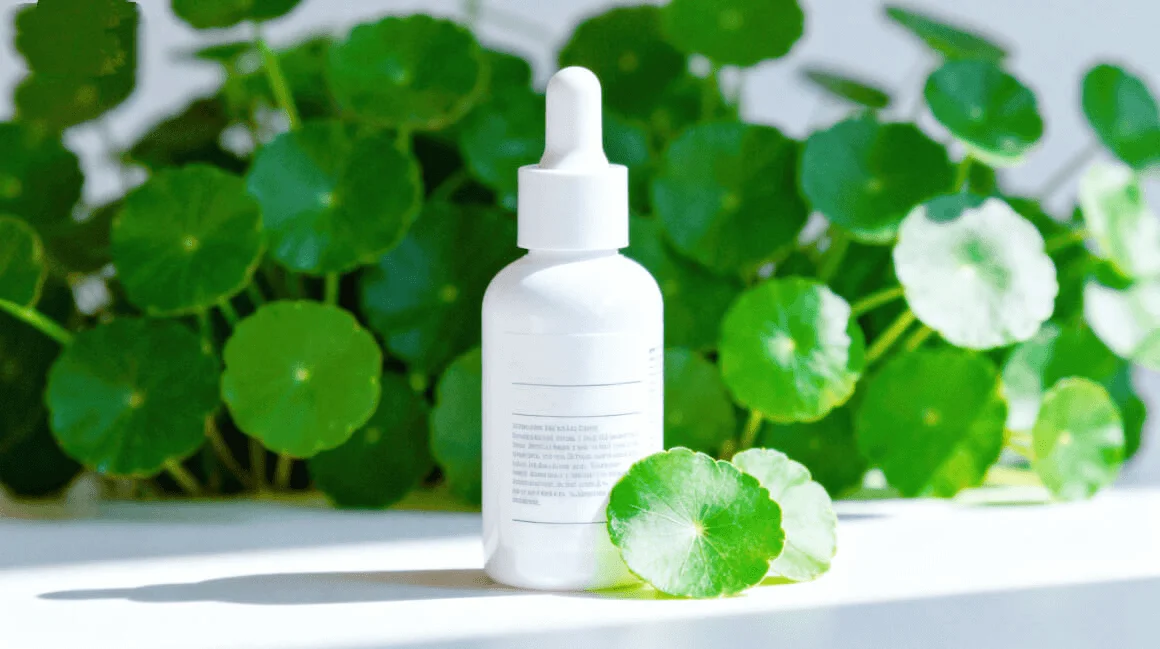 White dropper bottle in front of green leaves, likely skincare product, on white surface with natural lighting.